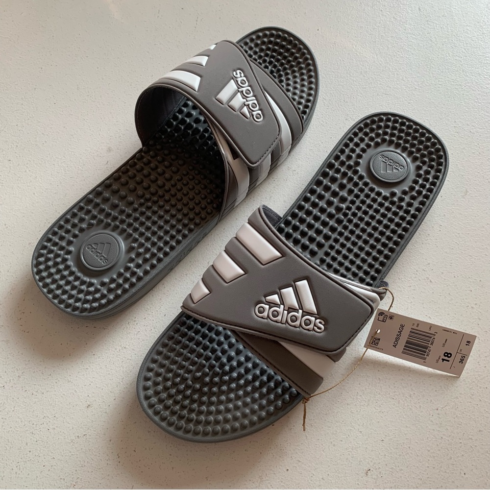 Adidas Mens Size 18 Grey & White Adissage Slide Sandals NEW IN BOX
